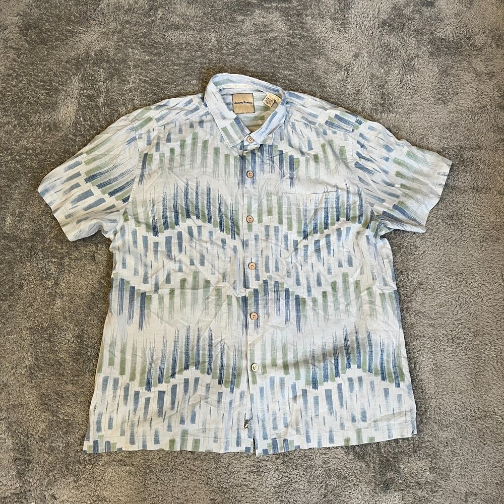 Tommy Bahama White Blue Button-Down Silk Short Sleeve Logo Shirt Men's Size 2XL